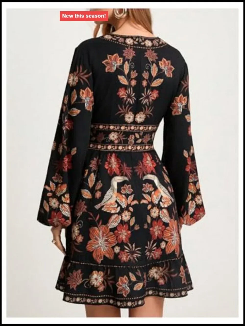 Women's Boho Floral Mini Dress V Neck Long Sleeve High Waist Fit & Flare